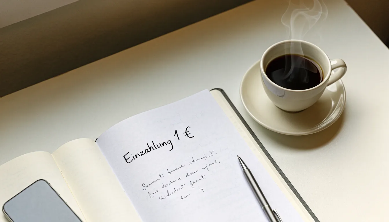 Ein aufgeschlagenes Notizbuch mit handschriftlichen Notizen und ein Kugelschreiber liegen auf einem hellen Schreibtisch neben einer Kaffeetasse.