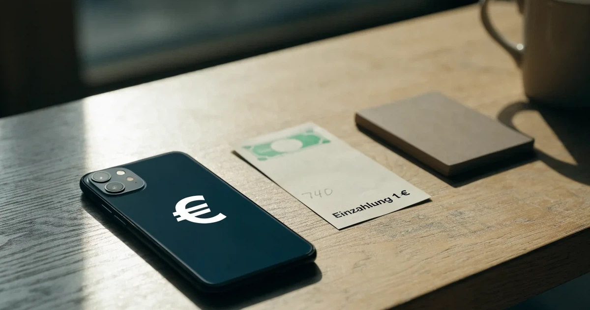 Ein Smartphone liegt mit dem Display nach unten auf einem Holztisch, daneben ein paar Euro-Münzen und eine unbeschriftete Plastikkarte im Morgenlicht.