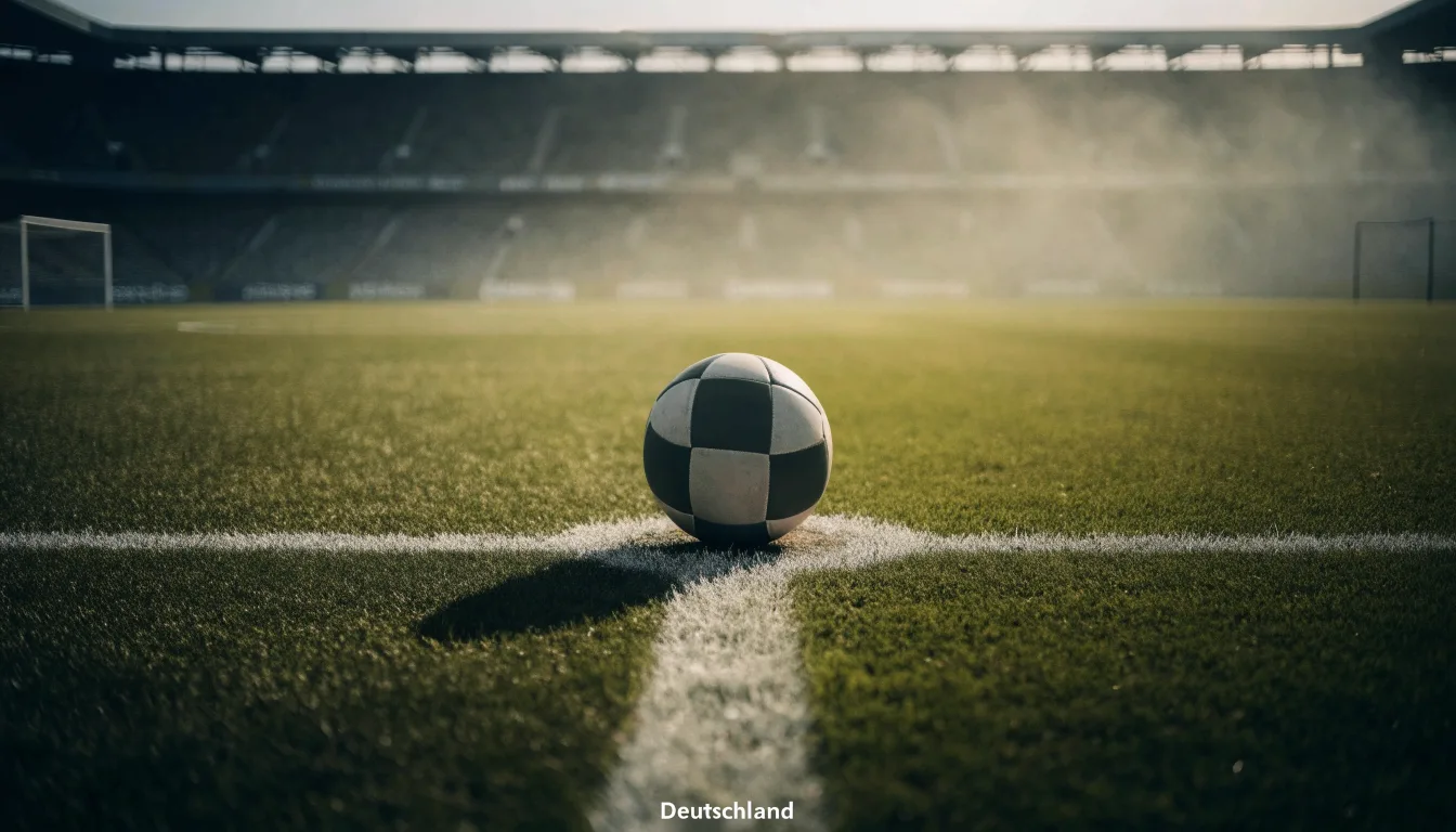 Ein Fußball liegt auf dem Elfmeterpunkt eines leeren Rasenplatzes, im Hintergrund eine Tribüne im Dunst.