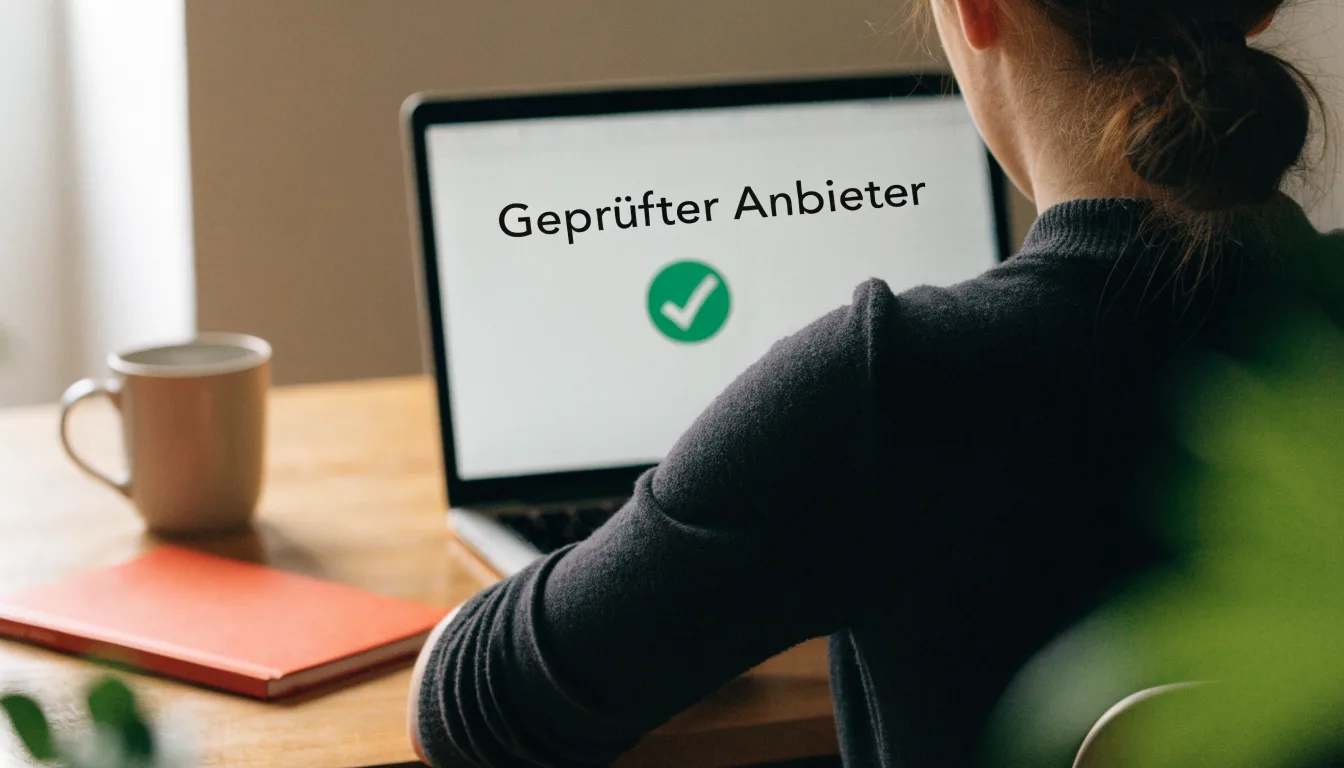 Eine Waage aus Messing und ein geschlossener Aktenordner ohne Beschriftung stehen auf einem polierten Schreibtisch vor einem Fenster.