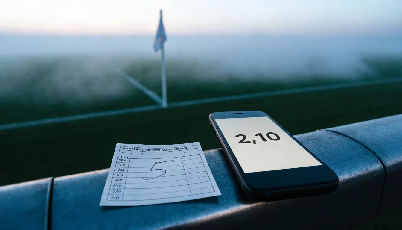 Der Rand eines Spielfelds mit weißer Linie und Eckfahne bei Nebel am frühen Morgen, ohne Menschen.