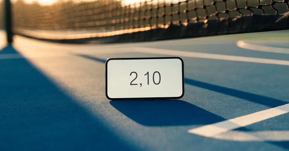 Ein leerer Tennisplatz mit Hartplatzbelag in der Morgendämmerung, das Netz im Gegenlicht und lange Schatten der Linien.