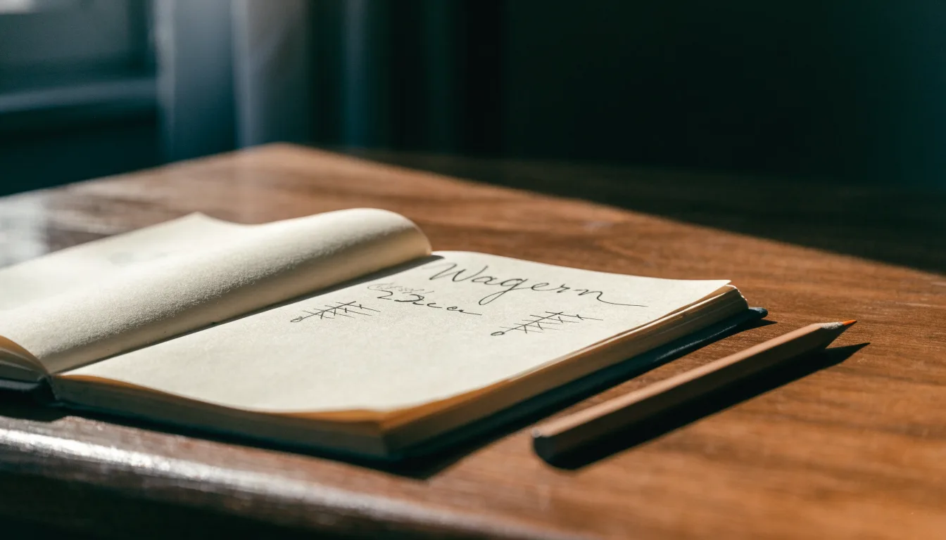 Ein handschriftlich geführtes Heft mit Strichlisten liegt neben einem Bleistift auf einem Tisch, seitlich fällt Tageslicht herein.