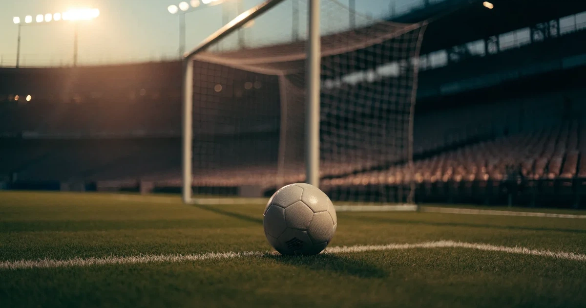 Ein Fußball liegt im Strafraum direkt vor dem Tor mit Netz, im Hintergrund leere Ränge bei Dämmerung.
