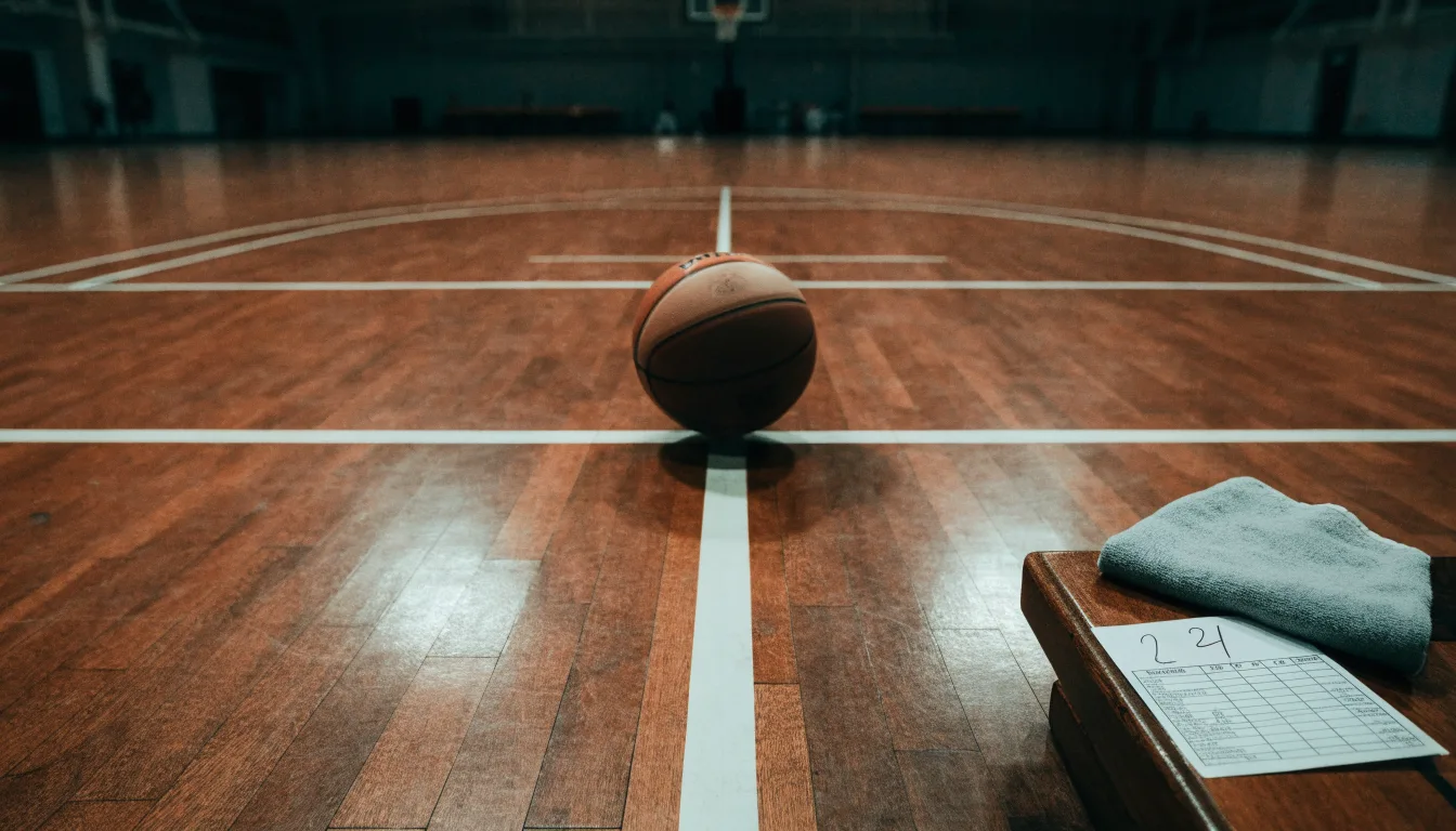 Ein Basketball liegt auf der Freiwurflinie einer Halle, im Vordergrund ein Handtuch auf einer Bank.