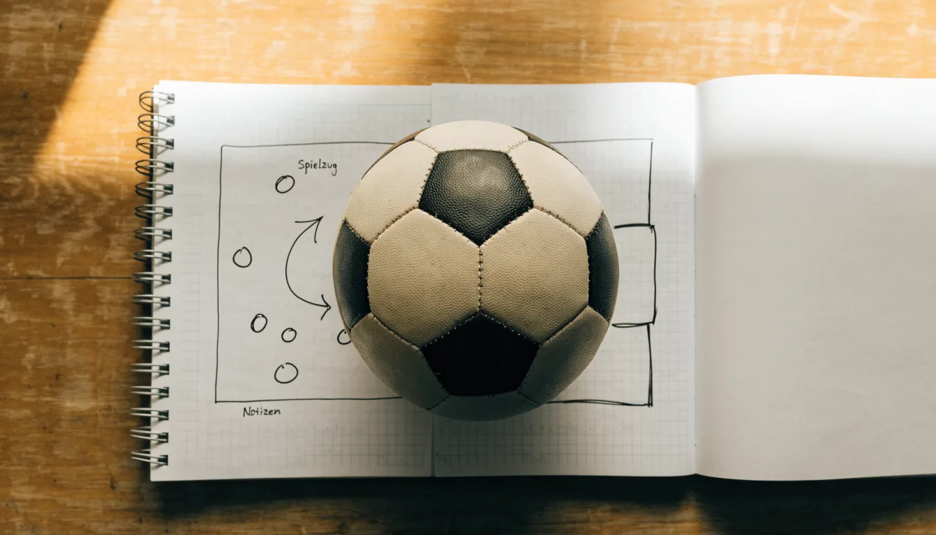 Ein Fußball liegt auf einem Notizbuch mit handgezeichneten Skizzen von Spielzügen, aufgenommen von oben auf einem Holztisch.