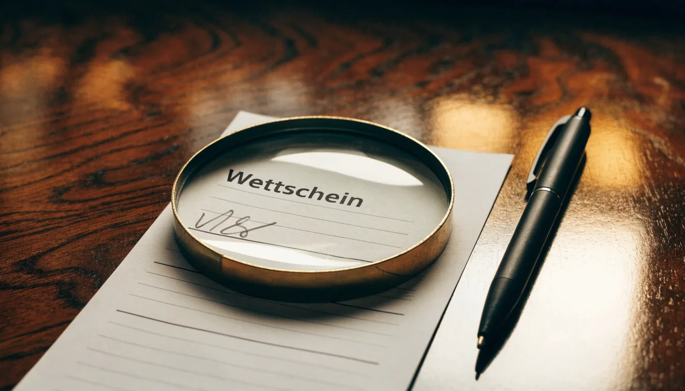 Eine Waage aus Messing steht neben einer Lupe auf einem polierten Schreibtisch.