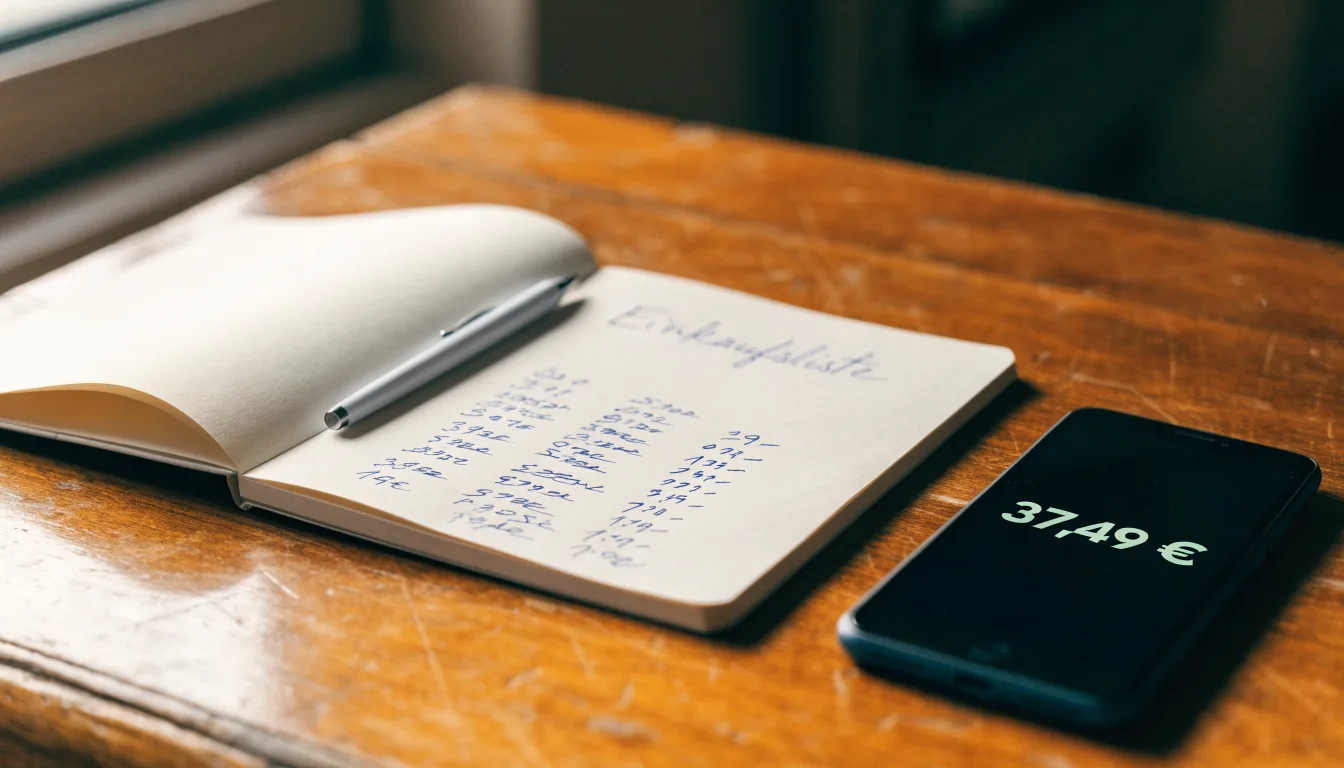 Ein Notizbuch mit handschriftlichen Notizen und ein Kugelschreiber liegen neben einem Smartphone mit dunklem Display auf einem Holztisch.