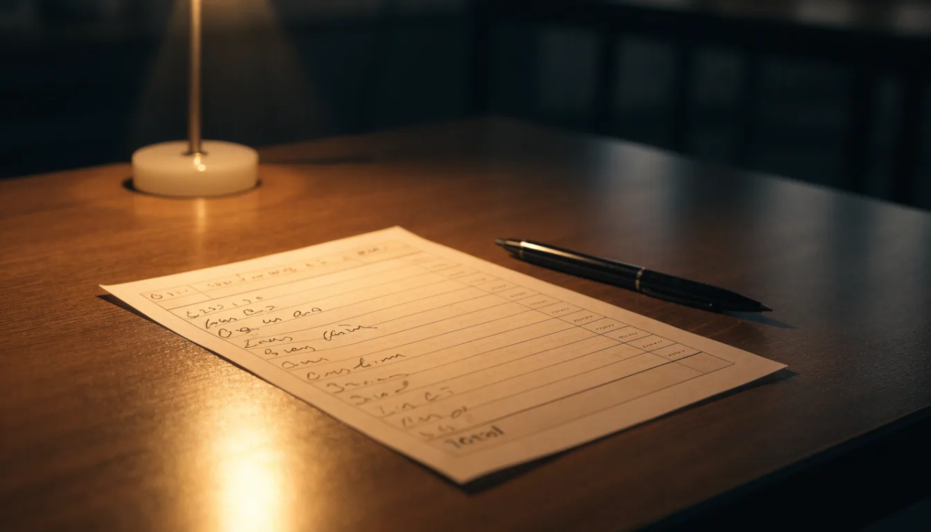 Ein leerer Wettschein aus Papier liegt neben einem Stift auf einem Schreibtisch im Licht einer kleinen Tischlampe.