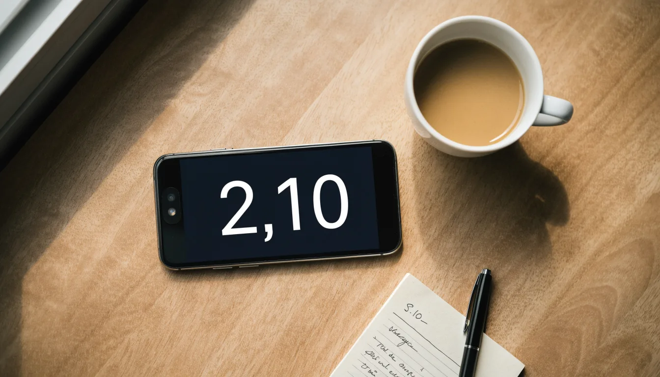 Ein Smartphone mit dunklem Display liegt neben einer Kaffeetasse und einem Notizblock auf einem hellen Tisch.