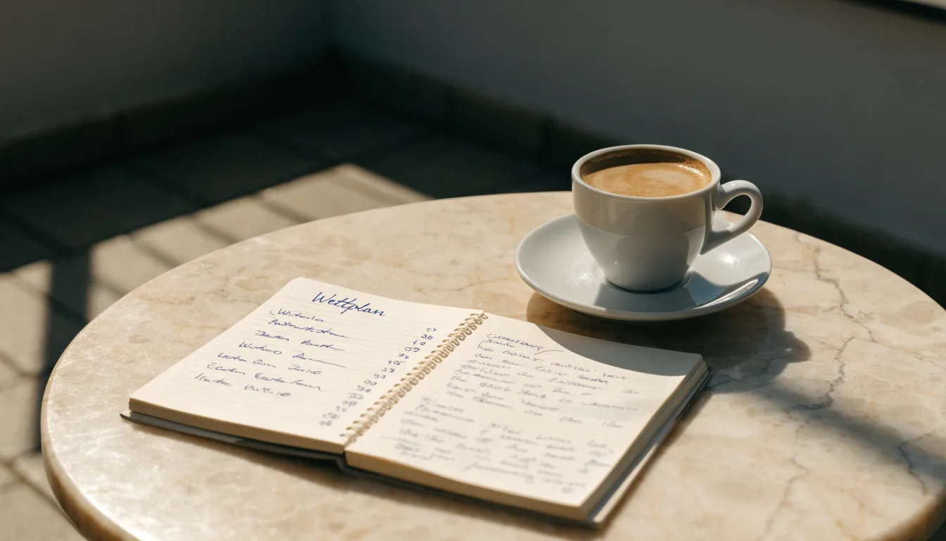 Eine Espressotasse steht auf einem kleinen Marmortisch einer Terrasse, daneben ein Notizheft mit handschriftlichen Skizzen.