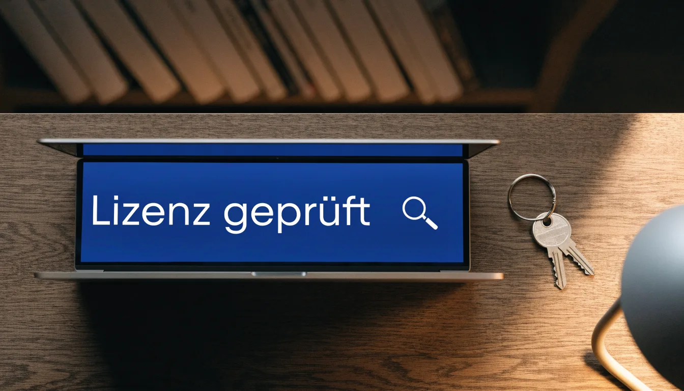 Ein Schlüsselbund und eine Lupe liegen auf einem dunklen Holztisch, im Hintergrund unscharf ein Regal mit Büchern.