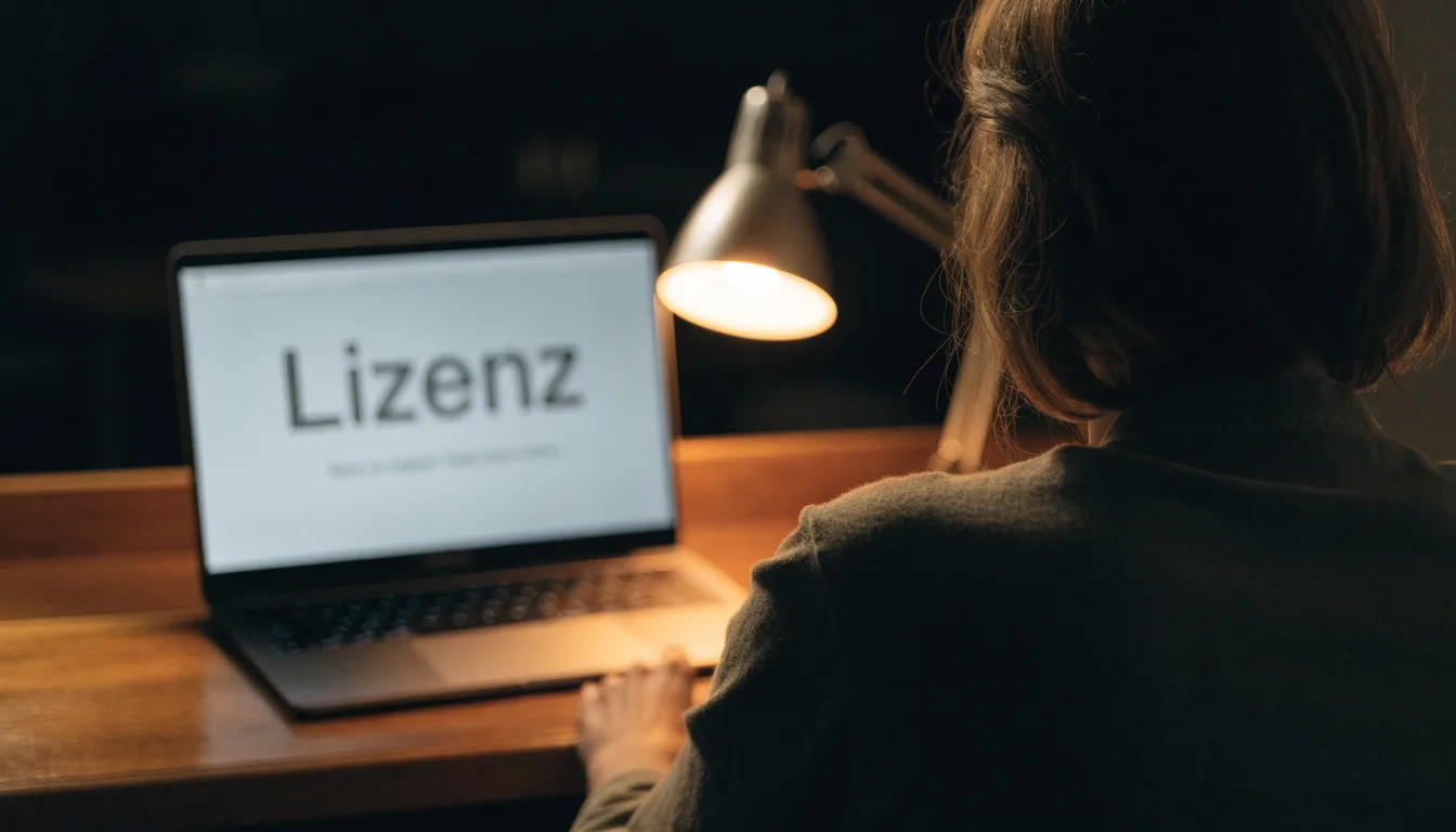 Ein Schreibtisch mit Stehlampe, einem geschlossenen Laptop und einem hölzernen Richterhammer im Halbdunkel.