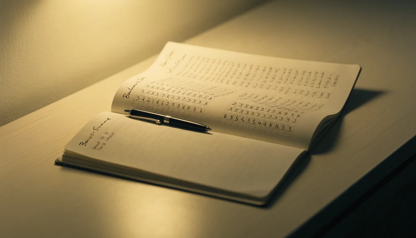 Ein Notizbuch mit handschriftlichen Rechnungen und ein Taschenrechner liegen auf einem aufgeräumten Schreibtisch in warmem Licht.