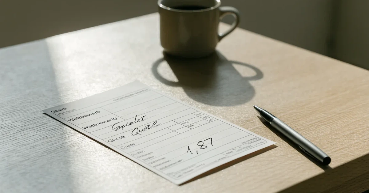 Ein leerer Papier-Wettschein liegt neben einem Kugelschreiber und einer Kaffeetasse auf einem hellen Holztisch, Tageslicht von links.