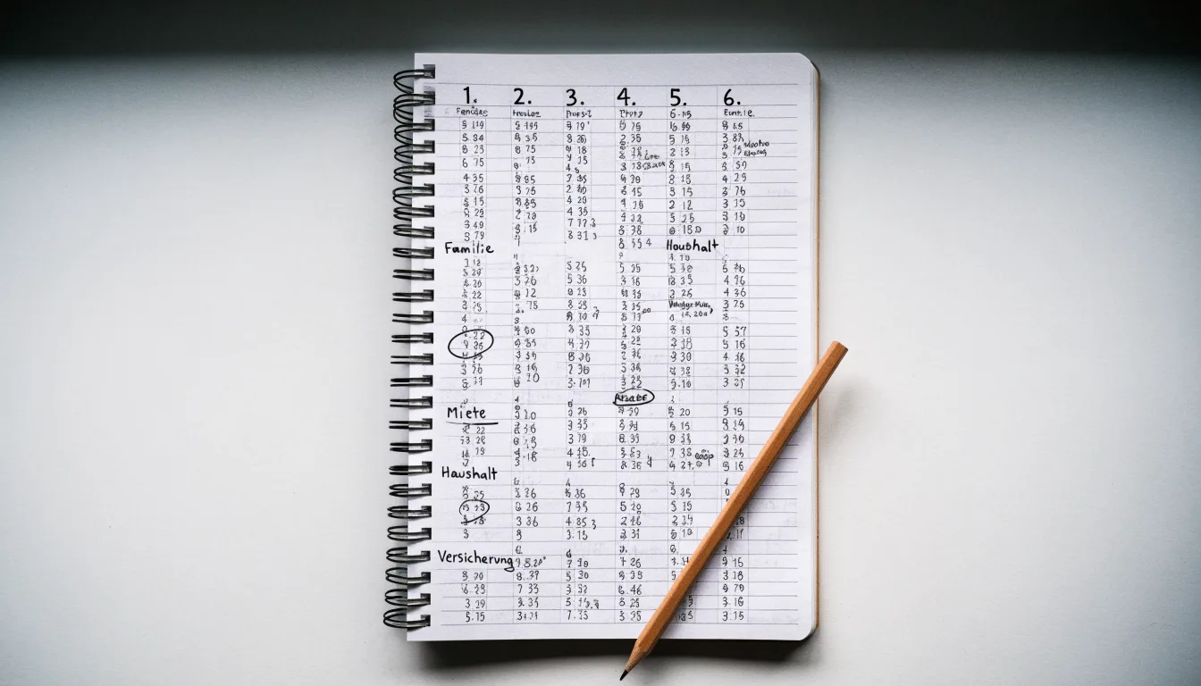 Ein Taschenrechner, ein Bleistift und ein Block mit handschriftlichen Zahlenreihen liegen auf einer grauen Arbeitsfläche.