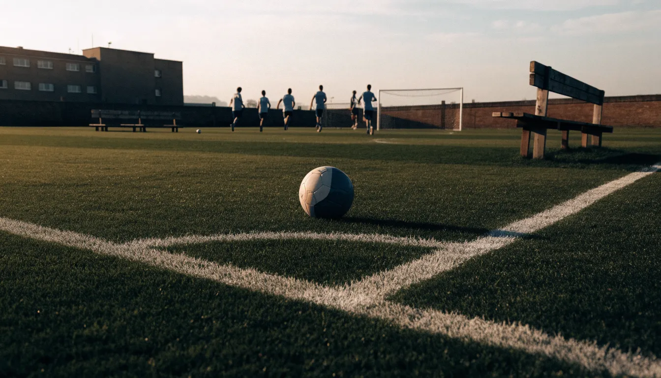 Ein Fußballplatz mit frisch gezogenen Kreidelinien im ersten Morgenlicht, leere Ersatzbänke am Spielfeldrand.