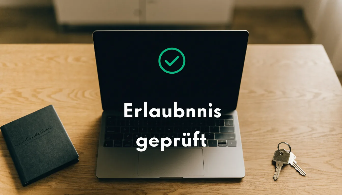 Ein Schlüsselbund liegt auf einer Holzplatte neben einem Taschenkalender, im Hintergrund eine verschwommene Büroeinrichtung.