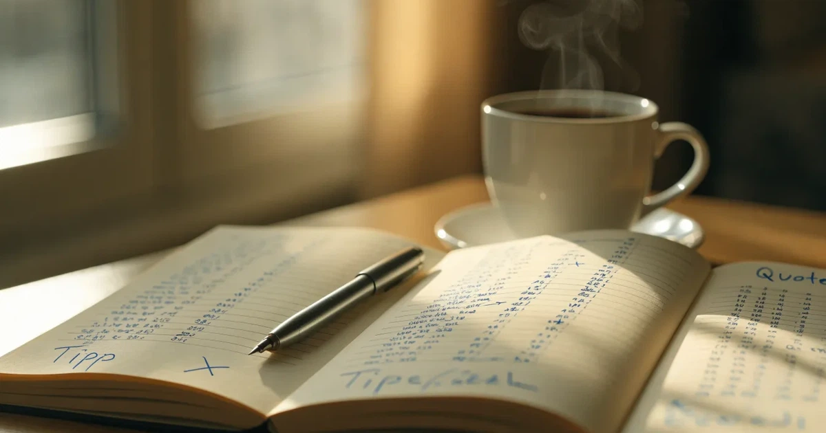 Ein aufgeklapptes Notizbuch mit handschriftlichen Pfeilen und Kreuzen liegt neben einem Kugelschreiber und einem Becher Kaffee auf einem Tisch am Fenster.