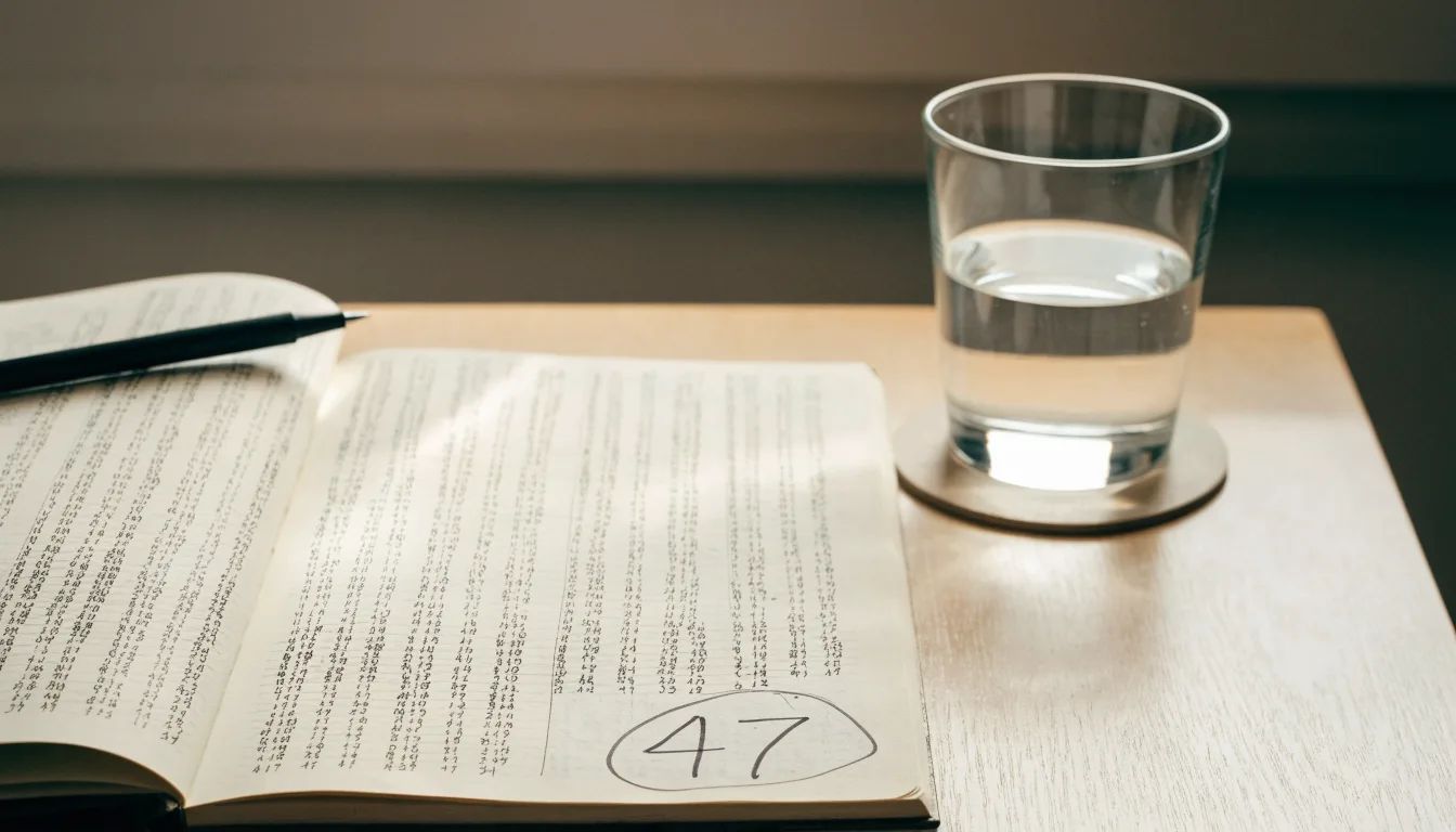 Ein Taschenrechner liegt auf einem Schreibtisch neben einem Block mit handschriftlichen Rechnungen und einem Glas Wasser.