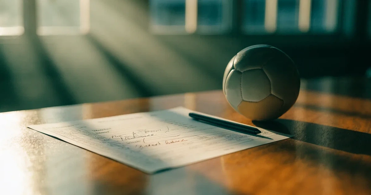 Ein leerer Papier-Wettschein und ein Kugelschreiber liegen neben einem kleinen Fußball auf einem Holztisch, weiches Fensterlicht.