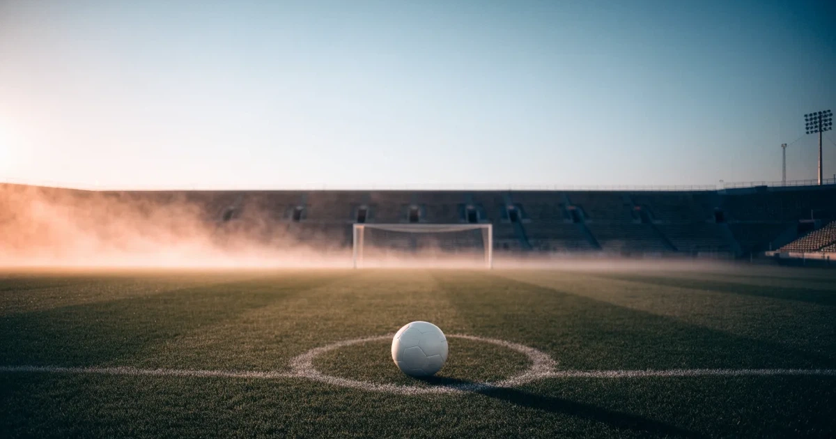 Ein Fußballplatz mit gepflegtem Rasen und einem Tor, über dem Spielfeld liegt Morgennebel, im Hintergrund eine leere Tribüne.