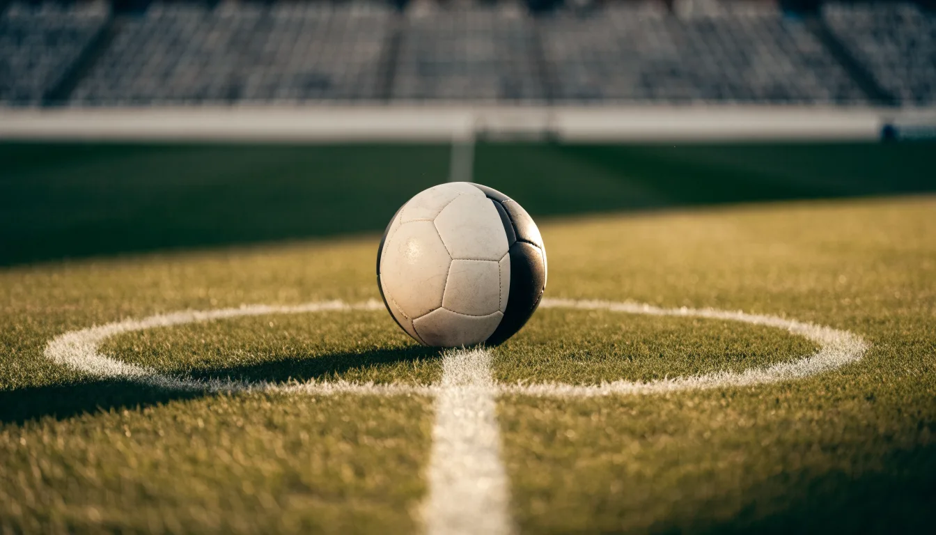 Ein Fußball liegt auf dem Rasen im Mittelkreis, die Kreidelinien führen scharf ins Bild, dahinter verschwimmt eine Tribüne.
