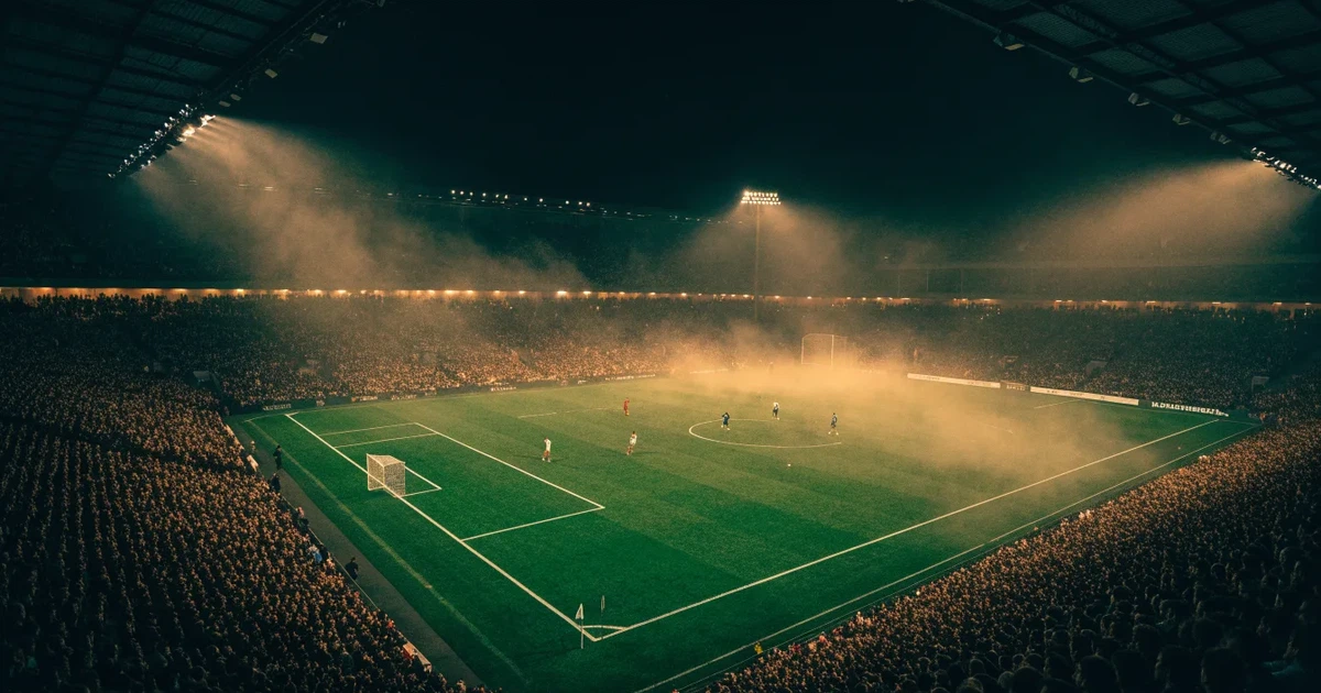 Ein großes Stadion bei Nacht, aus der Ferne unter Flutlicht gesehen, die Ränge hell erleuchtet, der Rasen leuchtend grün.