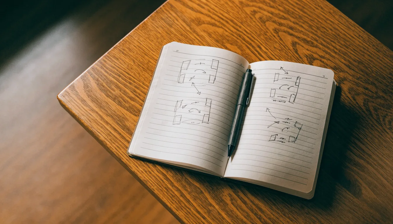 Ein aufgeschlagenes Notizbuch mit handschriftlichen Skizzen von Spielzügen liegt neben einem Kugelschreiber auf einem Holztisch.