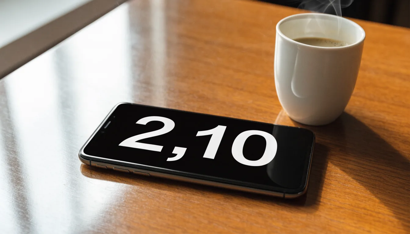 Ein Smartphone mit dunklem Display liegt neben einer Kaffeetasse auf einem Holztisch im Licht eines Fensters.