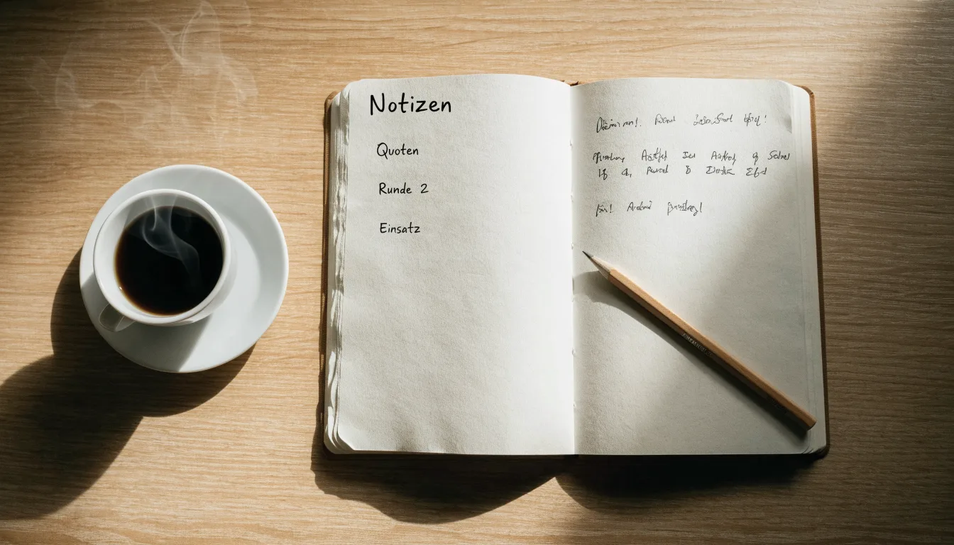 Ein aufgeschlagenes Notizbuch mit handgeschriebenen Stichpunkten und ein Bleistift liegen neben einer Kaffeetasse auf einem hellen Holztisch.