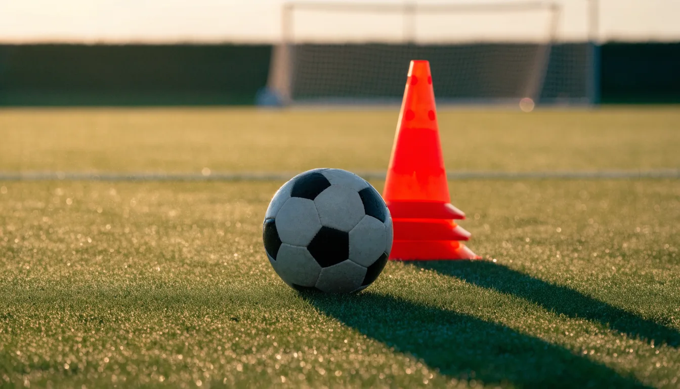Ein Fußball liegt auf einem Rasenplatz bei Sonnenaufgang, daneben ein kleiner Stapel Trainingshütchen.