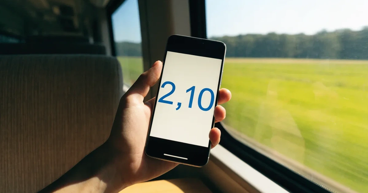 Eine Hand hält ein Smartphone mit dunklem Display in einem Zug, am Fenster ziehen verschwommen Felder vorbei.