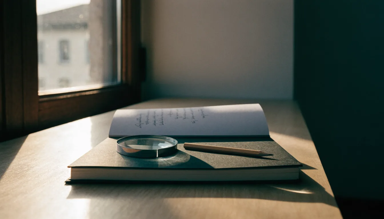 Ein schmaler Schreibtisch am Fenster mit einem Notizbuch, einer Lupe und einem Bleistift im Morgenlicht.
