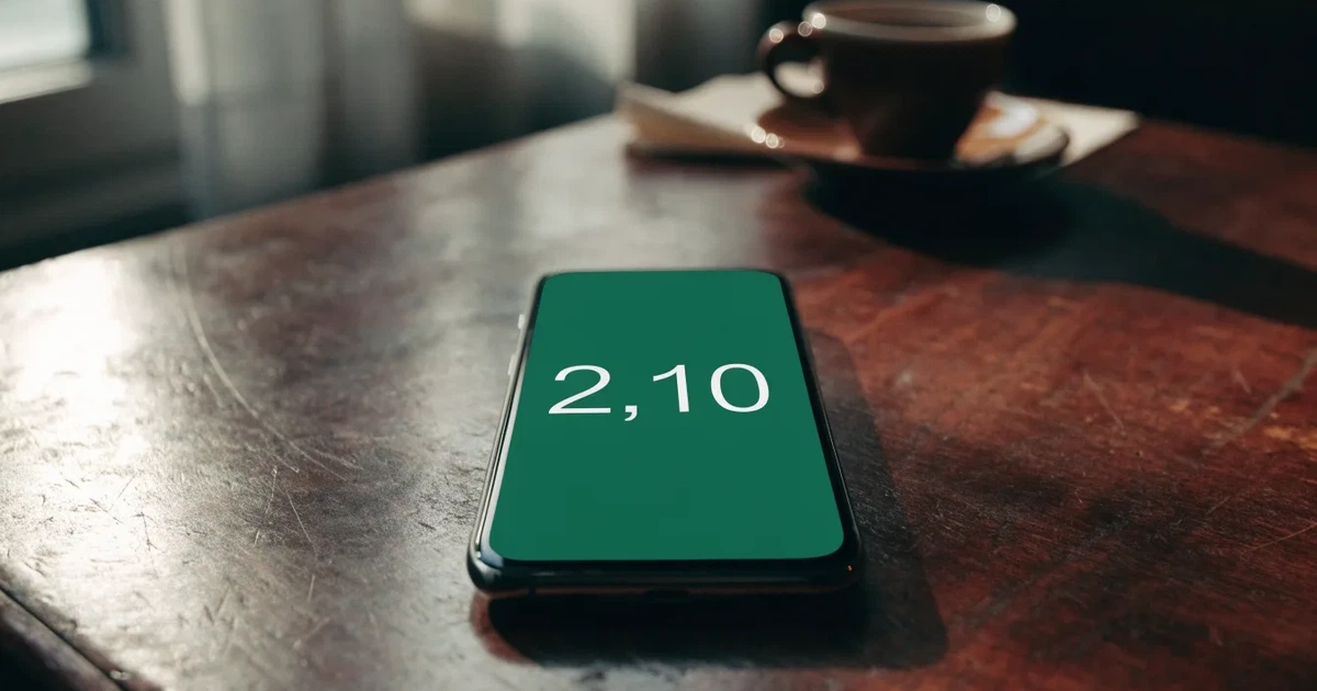 Eine Hand hält ein Smartphone mit dunklem Display, im Hintergrund unscharf ein Café-Tisch mit einer Tasse.