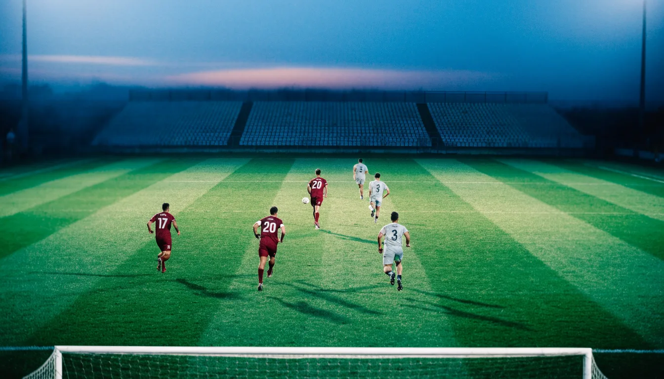 Eine leere Stadiontribüne unter Flutlicht aus der Ferne betrachtet, die Rasenfläche leuchtet grün in der Dämmerung.