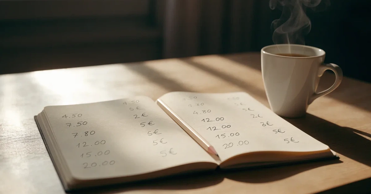 Handschriftliche Zahlenkolonnen in einem Notizbuch, daneben ein Bleistift und eine Tasse Kaffee auf hellem Holz.