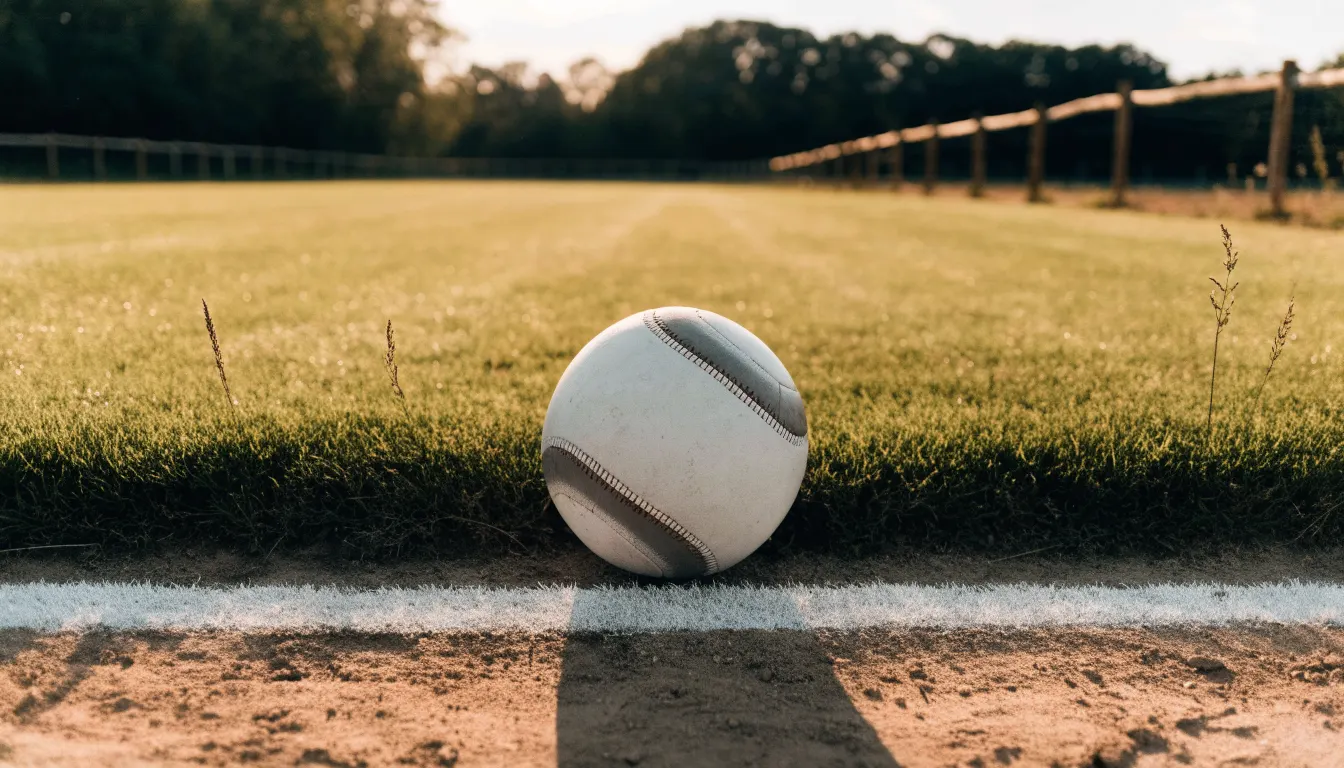 Ein Fußball liegt am Rand eines Rasens neben einer weißen Linie, im Hintergrund ein Zaun in der Abendsonne.