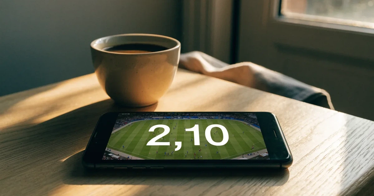 Ein Daumen schwebt über einem Smartphone mit dunklem Display, das auf einem Küchentisch neben einer Tasse liegt.