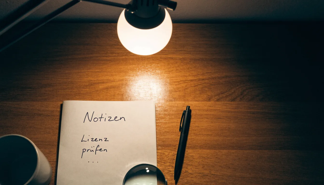 Ein Schreibtisch mit Lupe, Kugelschreiber und einem leeren Notizblock unter einer Lampe in einem ruhigen Raum.