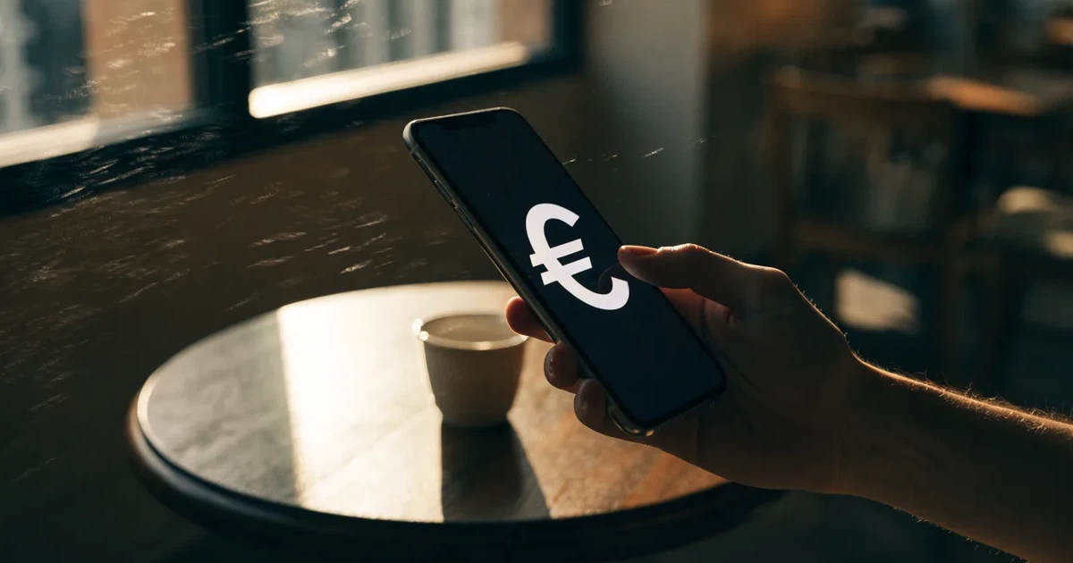 Eine Hand hält ein Smartphone dicht an ein Kartenlesegerät ohne erkennbare Beschriftung in einem Café.