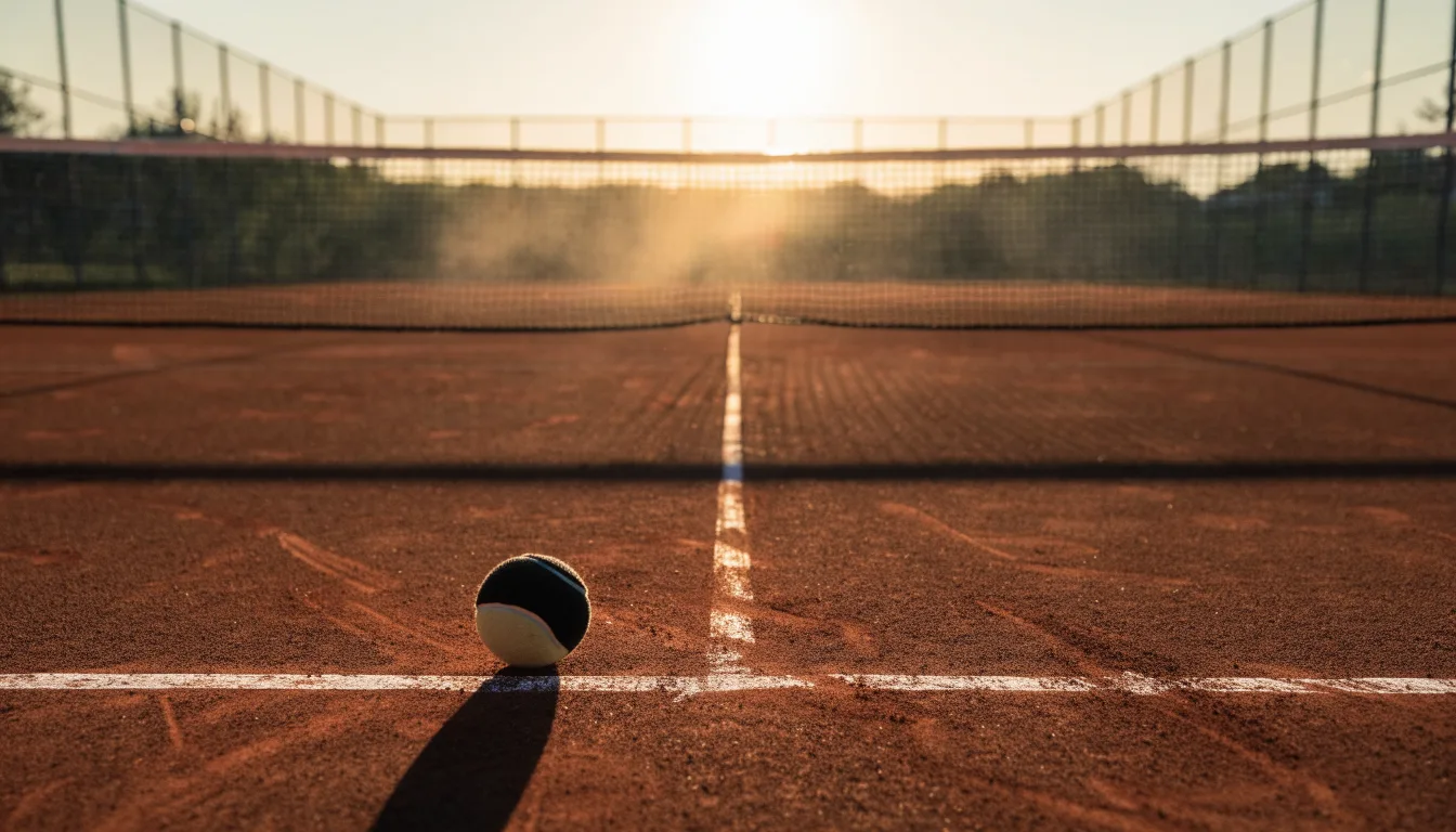 Ein Tennisplatz aus Sand bei Sonnenaufgang, das Netz im Gegenlicht, kein Mensch zu sehen.