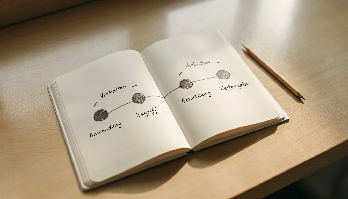 Ein Notizbuch mit handgezeichneten Knoten und Linien liegt neben einem Bleistift auf einem Schreibtisch.