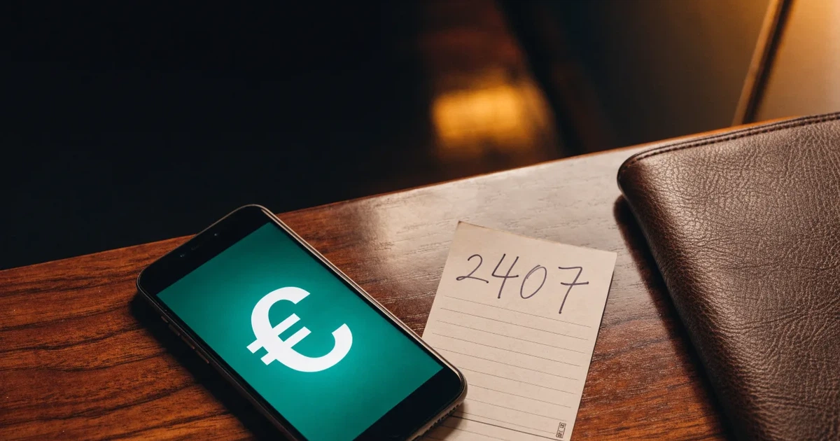 Eine einzelne goldfarbene Münze ohne Prägung liegt auf einem dunklen Tisch, daneben ein ausgeschaltetes Smartphone.