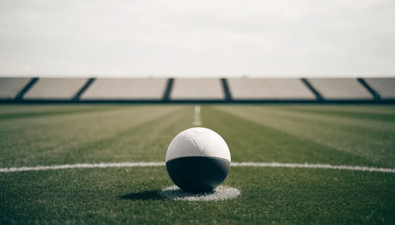 Ein Fußball liegt auf dem Anstoßpunkt eines leeren Rasenplatzes, im Hintergrund eine ruhige Tribüne unter bedecktem Himmel.