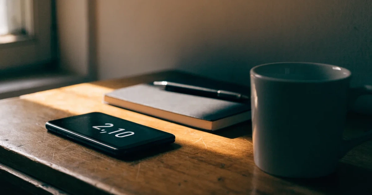 Ein Holzschreibtisch im Morgenlicht mit geschlossenem Notizbuch, Kugelschreiber und Kaffeetasse, daneben ein Smartphone mit dunklem Bildschirm.