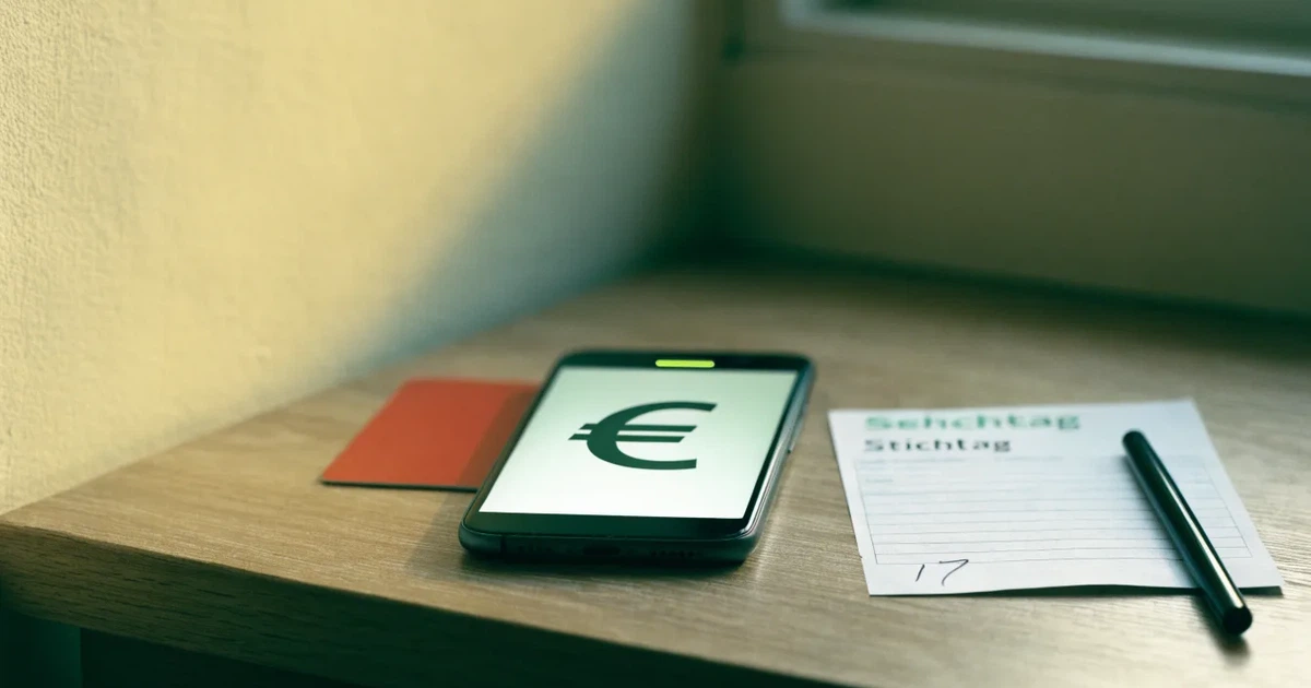 Ein Smartphone mit dunklem Bildschirm liegt neben einer Geldbörse und wenigen Münzen auf einem Holztisch im weichen Fensterlicht.