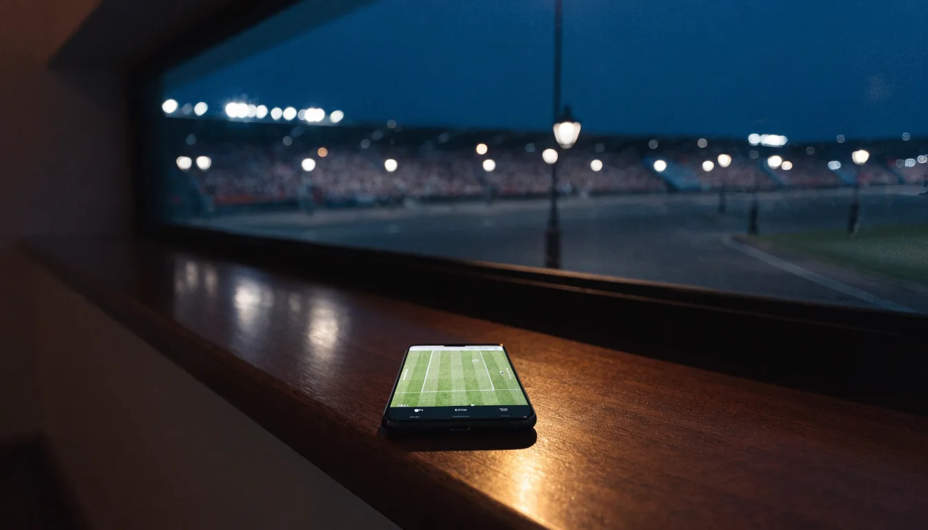 Ein Stadion unter Flutlicht aus der Ferne gesehen, davor eine dunkle Straße mit Laternen und ohne Menschen.