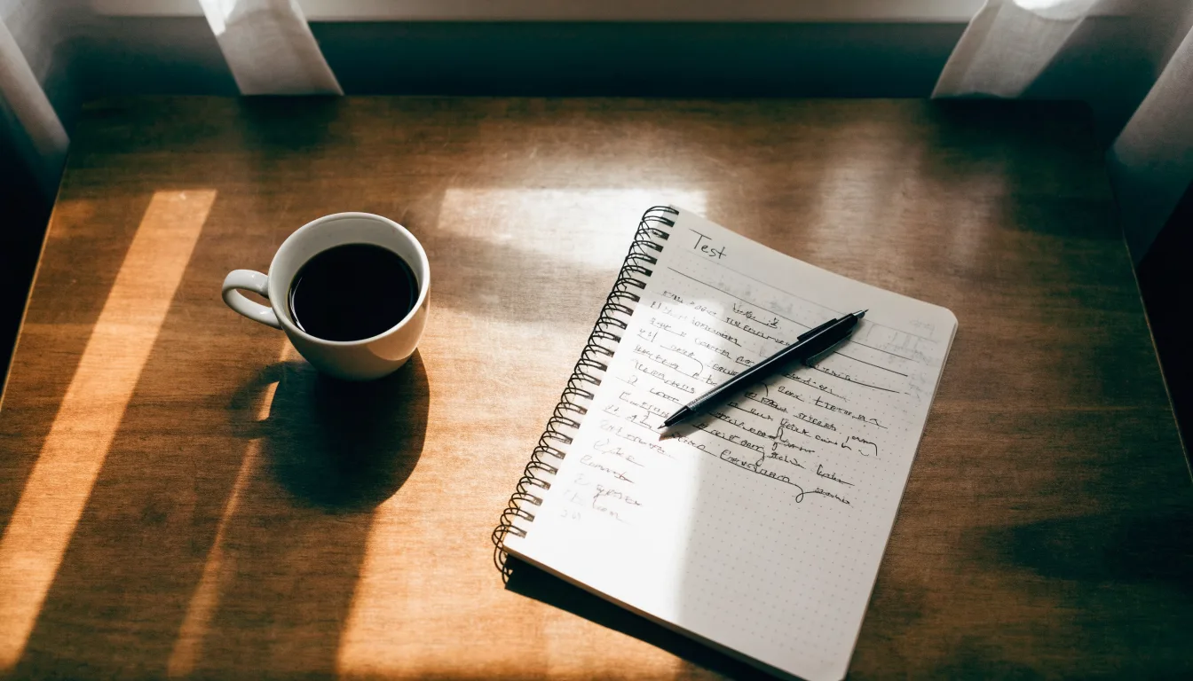 Eine Tasse Kaffee, ein Kugelschreiber und ein aufgeschlagenes leeres Notizbuch auf einem Küchentisch am Fenster.