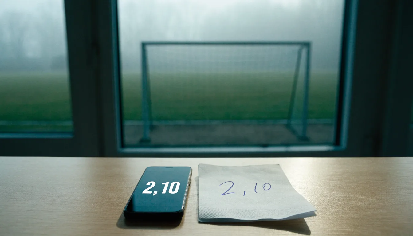 Ein Fußballtor mit Netz im Morgennebel auf einem leeren Platz, die Linien nur schwach zu erkennen.